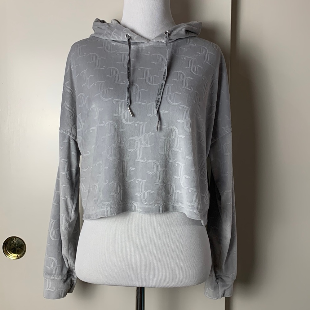 Juicy Couture Velour Copped Logo Hoodie Medium Gray